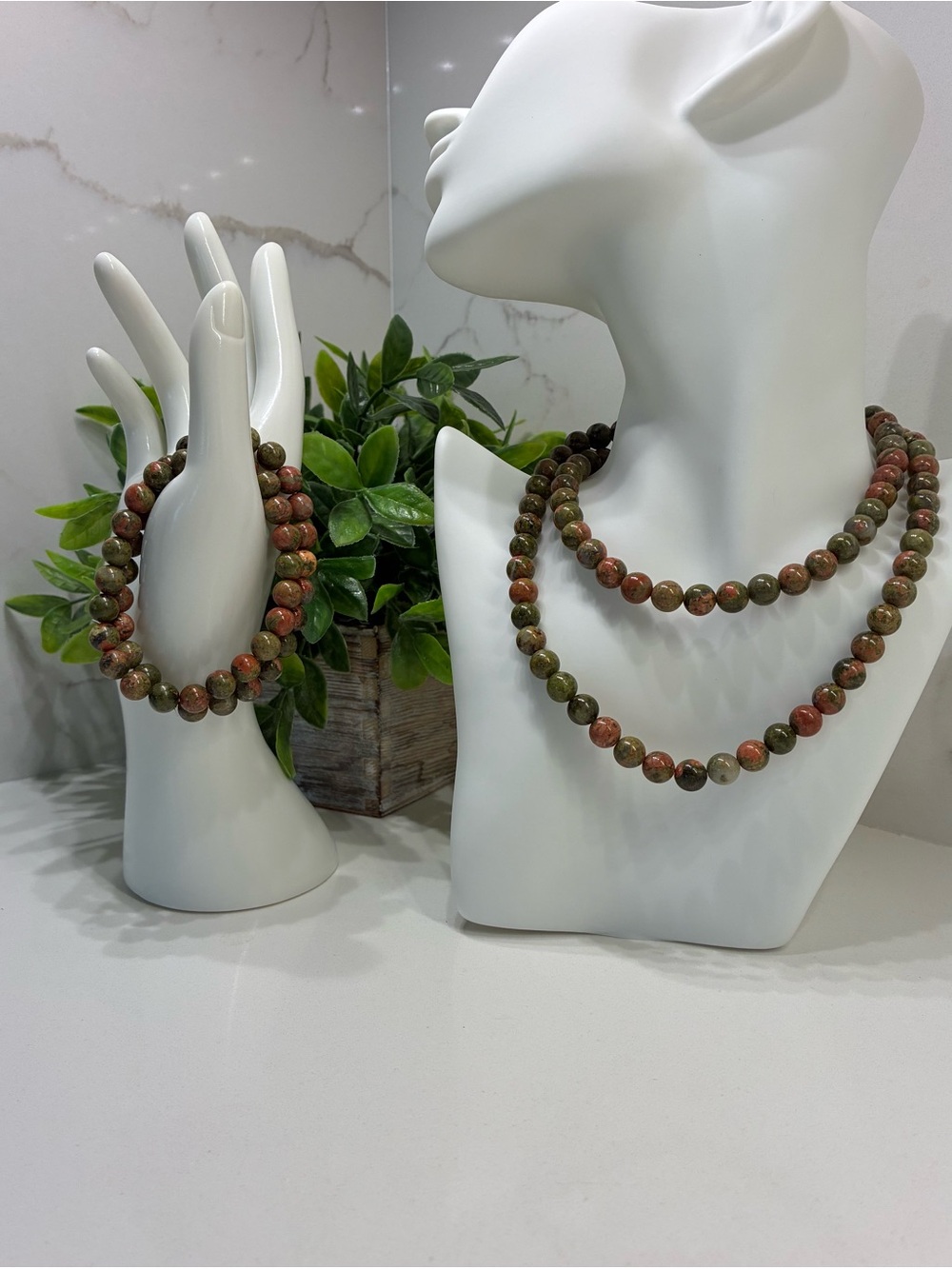 Unakite Gemstone Handcrafted Beaded Necklace and Bracelet Set in Green and Pink